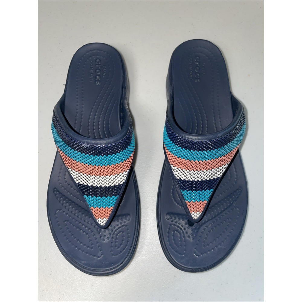 Crocs Monterey Sandals Women's Sz 6 Multicolor Stripe Wedge Casual Beach Pool